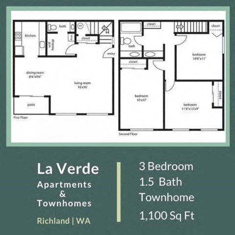 Floor plan for 3 beds, 1.5 baths, 1100 sqft